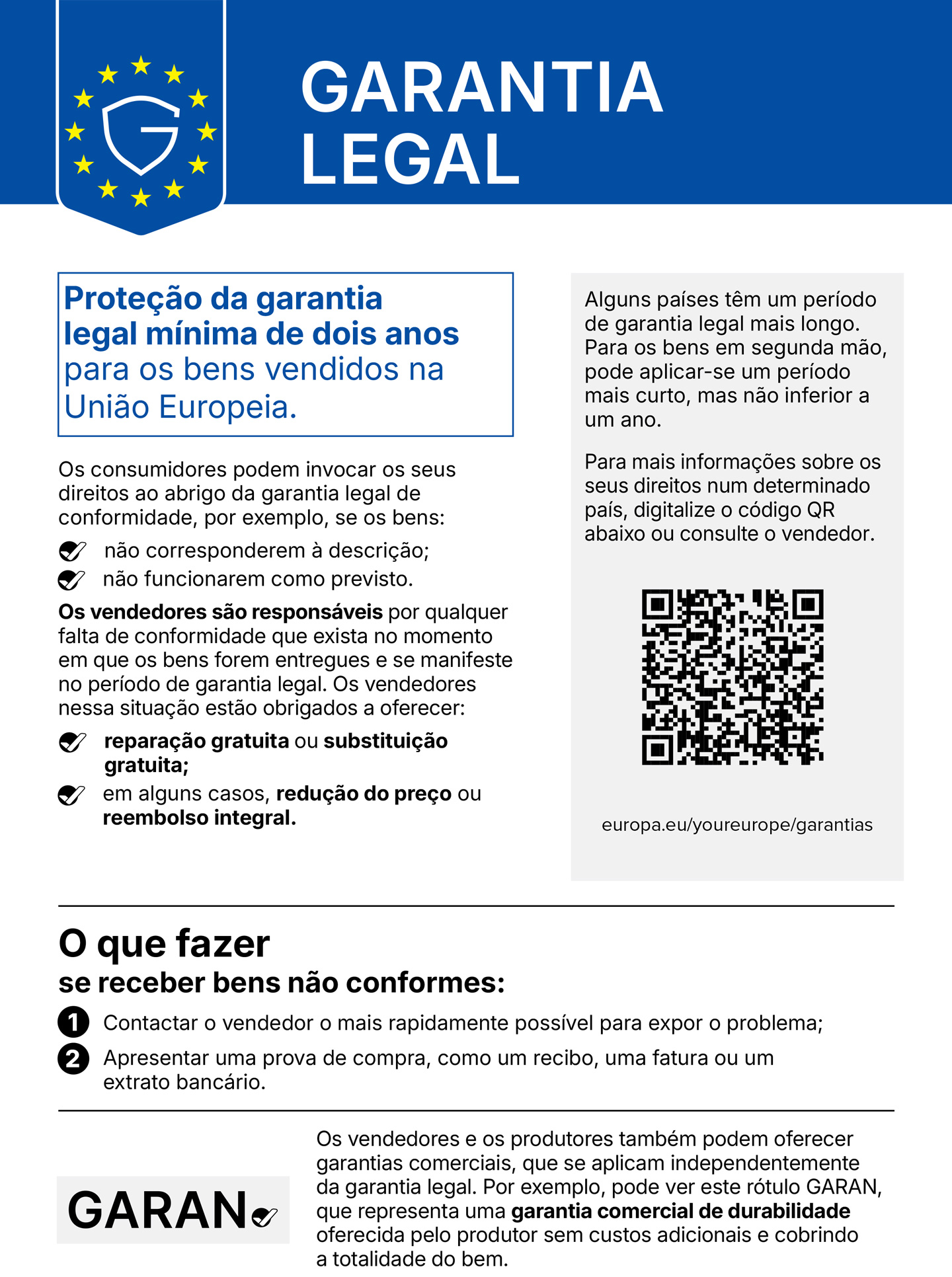 Informação sobre a garantia legal